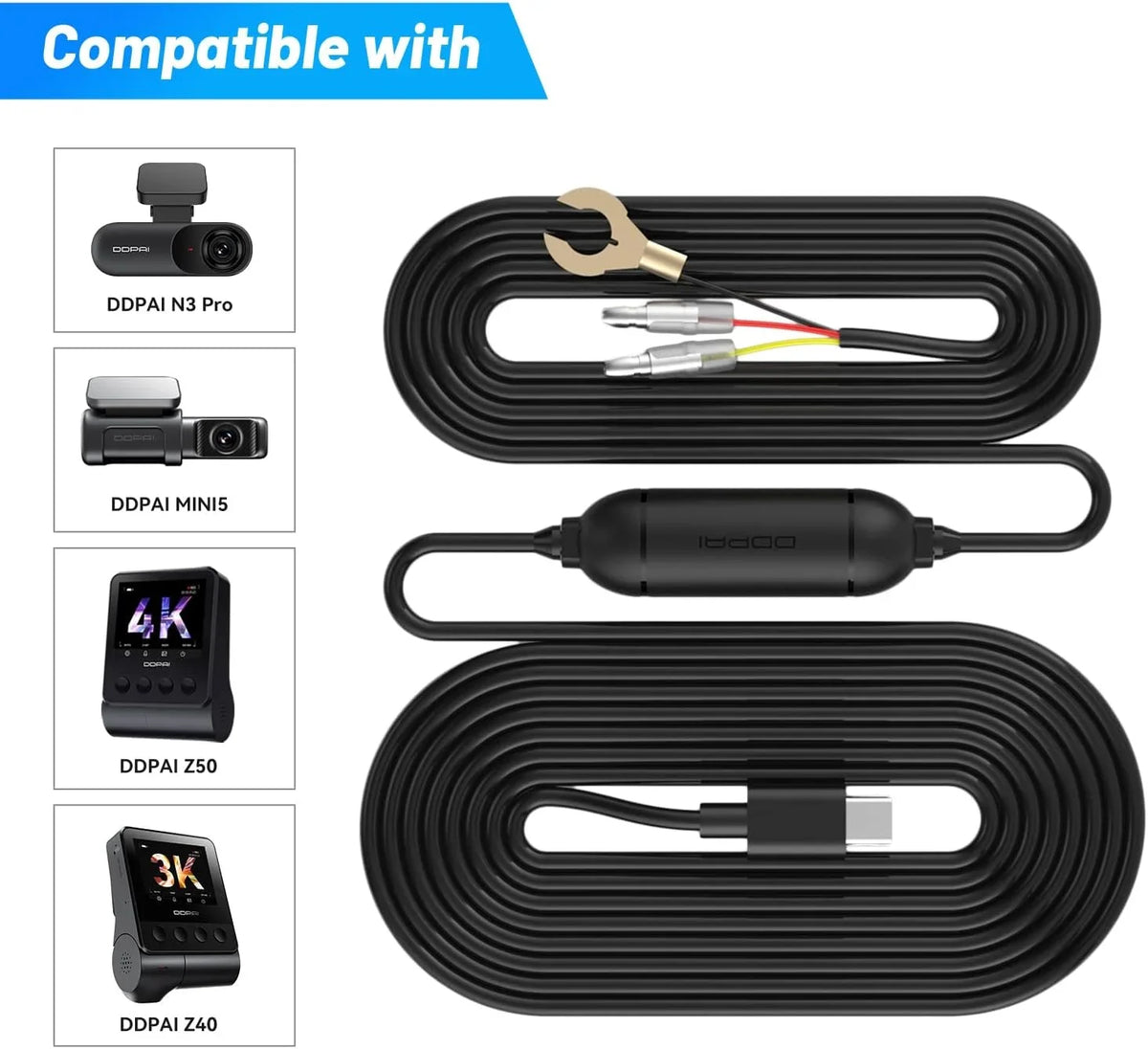 DDPAI Dash Cam Hardwire Kit, Compatible for Mola N3 Pro/ Z50 Dash Cam/Mini 5 Dash Cam/ Z40 Dash Cam Hard Wire Kit Fuse for Dashcam in Type-C Port, Plozoe 12V-24V to 5V Car Dash Camera Charger