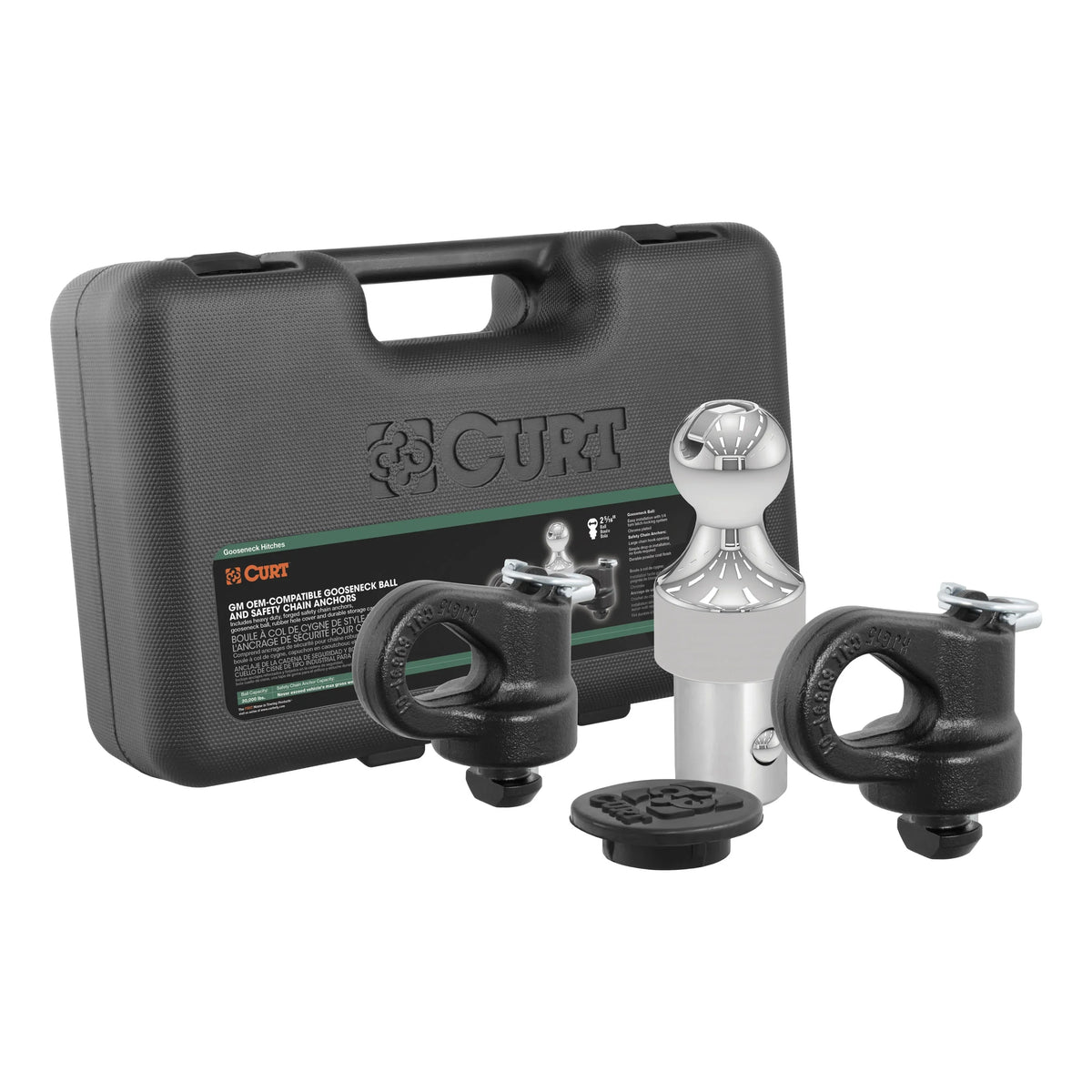 CURT Mfg 60692 OEM-Compatible Gooseneck Ball & Safety Chain Anchor Kit for GM - Fits GM pickup trucks with factory tow packages | Includes storage case and rubber hole cover