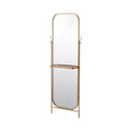 Elegant Freestanding Mirror with Wooden Shelf and Gold Frame