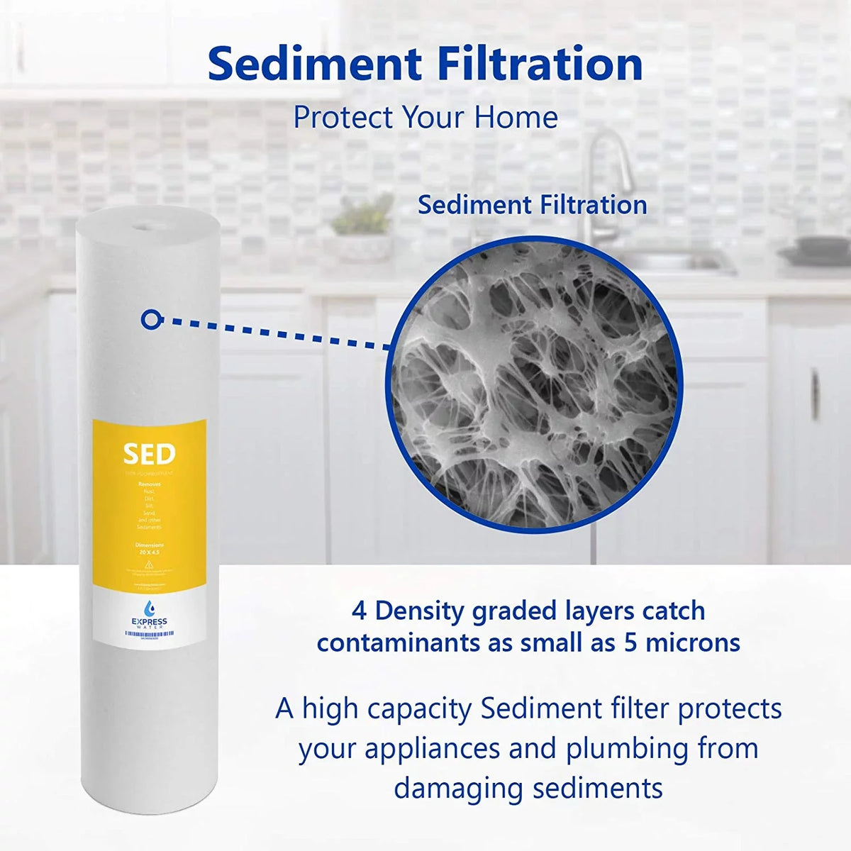 Express Water – Whole House Anti Scale Filter Set – 3 Stage Filtration Water Conditioner Replacement Kit – Sediment, Carbon Block, Polyphosphate High Capacity Cartridge – 5 Micron – 4.5” x 20” inch