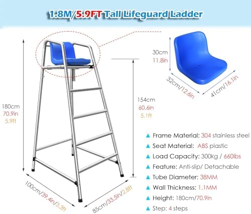 This Heavy-Duty Rustproof Stainless Steel Lifeguard Chair - Durable Referee Stand for Pools, Water Parks & Lakes - Essential Lifeguard Equipment for Safety Professionals & Competitions