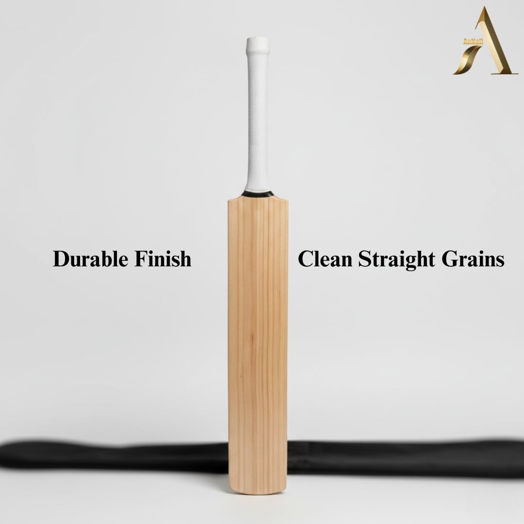 AnNafiÂ® Plain Kashmiri Willow Cricket Bat Free MRF Genius Emboss Sticker | Premium Quality | Regular Size Short Handle | Full Size Cover, Pre- Fitted Toe Guard, Anti Scuff Sheet & Fiber Tape
