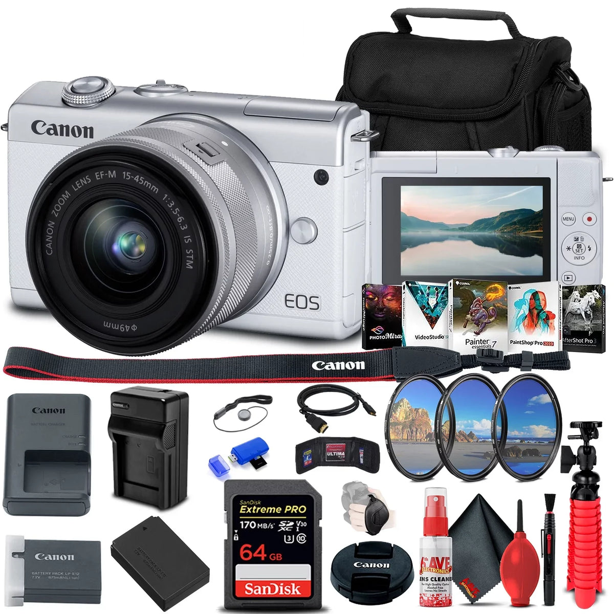 Canon EOS M200 Mirrorless Camera with 15-45mm Lens (White) (3700C009) + 64GB Memory Card + Filter Kit + LPE12 Battery + External Charger + Card Reader + Corel Photo Software + HDMI Cable + More