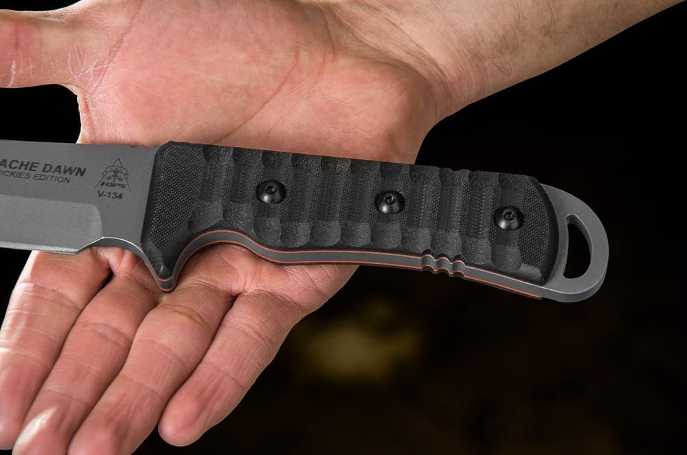 Tops Knives Apache Dawn Rockies Edition Full Tang Fixed Blade- Tumble Finish- Olive Drab MIL-SPEC Nylon Sheath (Black G10 Handle)