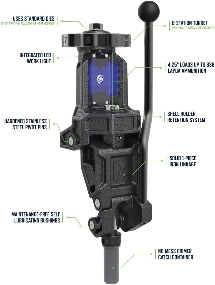 Frankford Arsenal Precision Turret Press with 8-Stations, Built-in LED Light, Primer Catch, Compatible with Standard Dies, for Gunsmithing, Reloading