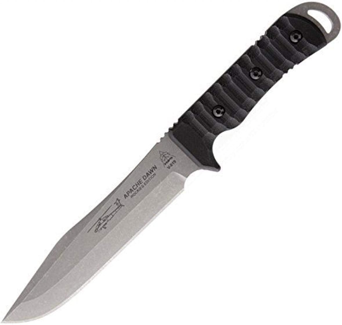Tops Knives Apache Dawn Rockies Edition Full Tang Fixed Blade- Tumble Finish- Olive Drab MIL-SPEC Nylon Sheath (Black G10 Handle)