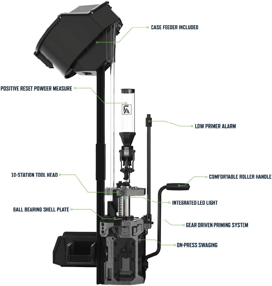 Frankford Arsenal X-10 Progressive Press with 10 Stations, Case Feeder, Automatic Rotating Shell Plate and Powder Measure, For Reloading and Gunsmithing