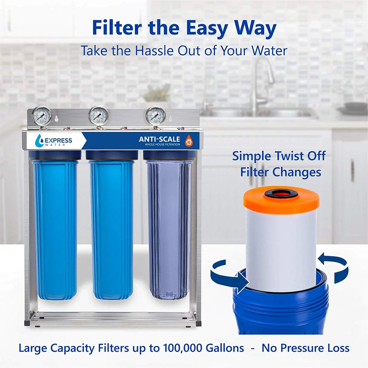 Express Water – Whole House Anti Scale Filter Set – 3 Stage Filtration Water Conditioner Replacement Kit – Sediment, Carbon Block, Polyphosphate High Capacity Cartridge – 5 Micron – 4.5” x 20” inch