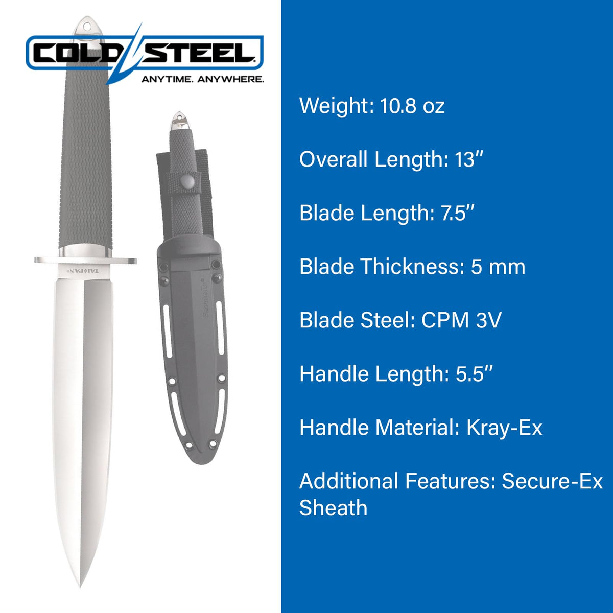 COLD STEEL Tai Pan 7.5" VG-10 San Mai Spear Point Razor-Sharp Blade 5.5" Kray-Ex Handle Fixed Blade Knife w/Secure-Ex Sheath
