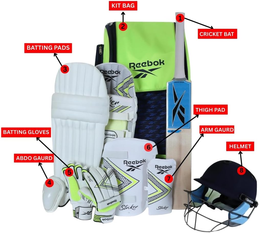 Reebok Cricket Kit â 8-Piece Complete Set with Bat, Pads, Gloves, Helmet & Bag | Sealed Sports Equipment Bundle | (3)