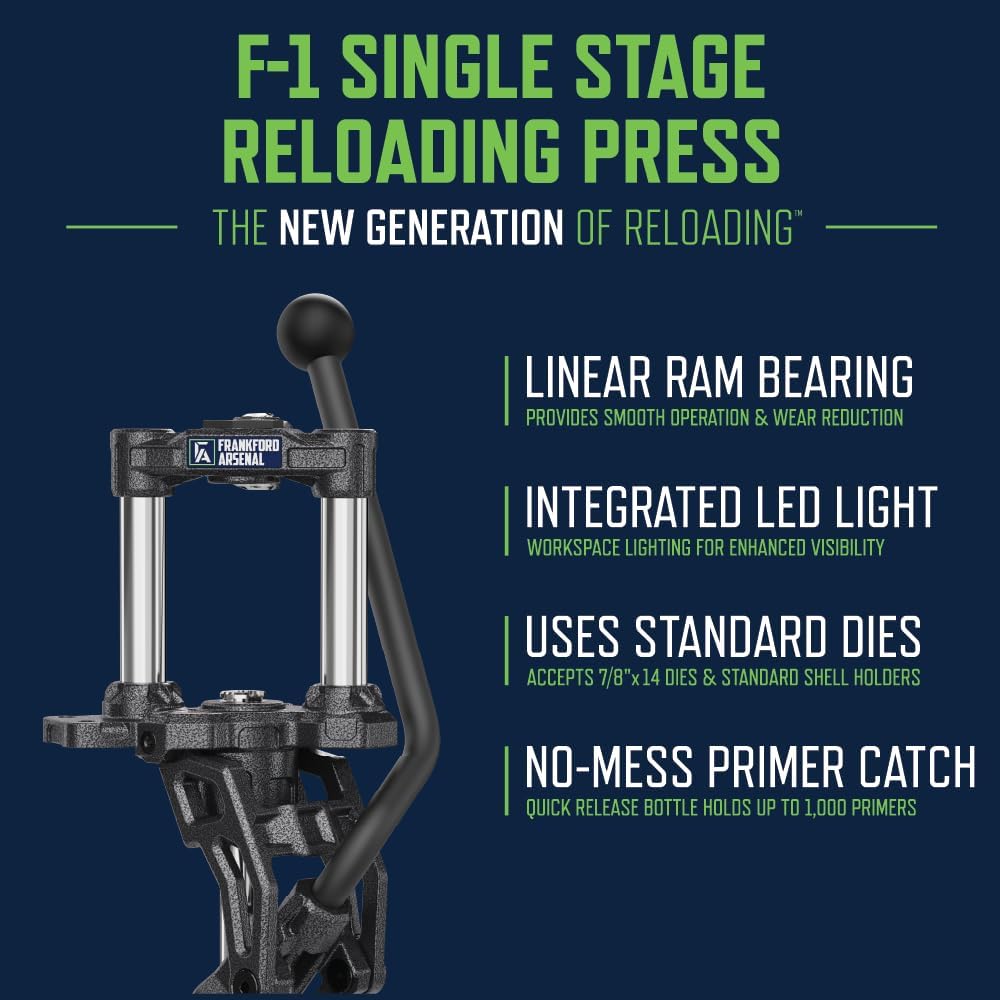 Frankford Arsenal Essentials Reloading Kit with Adjustable Seating System, F-1 Single Stage Press, Digital Calipers, Compatible with Standard Dies, for Seating, Resizing, Depriming, and Reloading