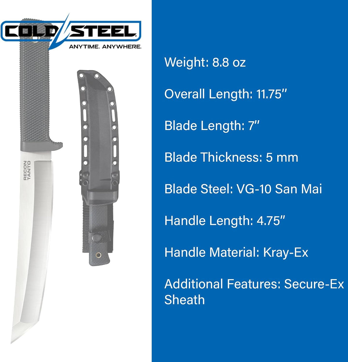 COLD STEEL Recon Tanto 7" VG-10 San Mai Razor-Sharp Blade 4.75" Kray-Ex Handle Military Tactical Fixed Blade Knife w/Secure-Ex Sheath