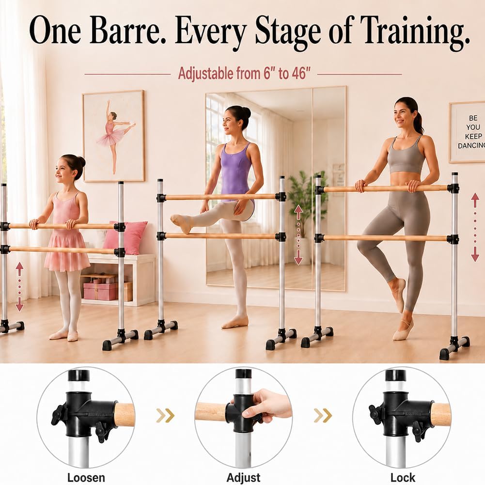 UMEKEN Wood/Aluminum/Steel Ballet Barre 4 Foot Portable Barre Bar Home Adjustable Freestanding Ballet Stretch Dance Bar for Kids Adult with Carry Bag