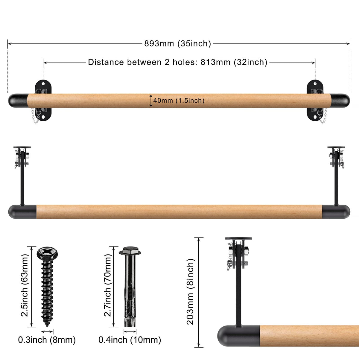 Kipika Wall Mounted Traditional Solid Wood Ballet Barre, Freestanding Ballet Barre, Stretch/Dance Bar for Home Workout Dance Equipment, Durable Metal Support, Height Adjustment