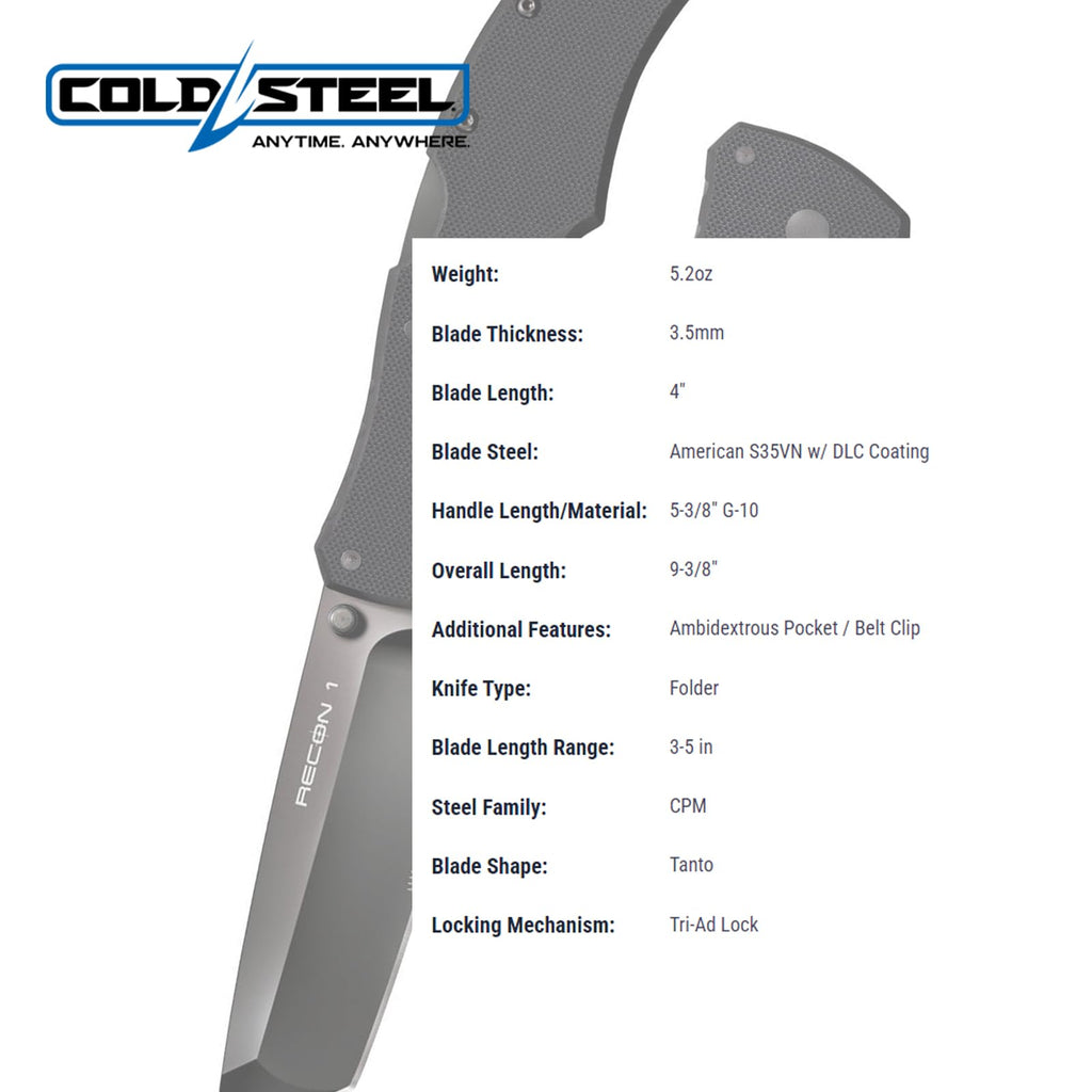 COLD STEEL Recon 1 4" S35VN Razor-Sharp Blade 5.375" G-10 Handle Tactical Folding Knife w/Tri-Ad Lock, Ambidextrous Pocket/Belt Clip