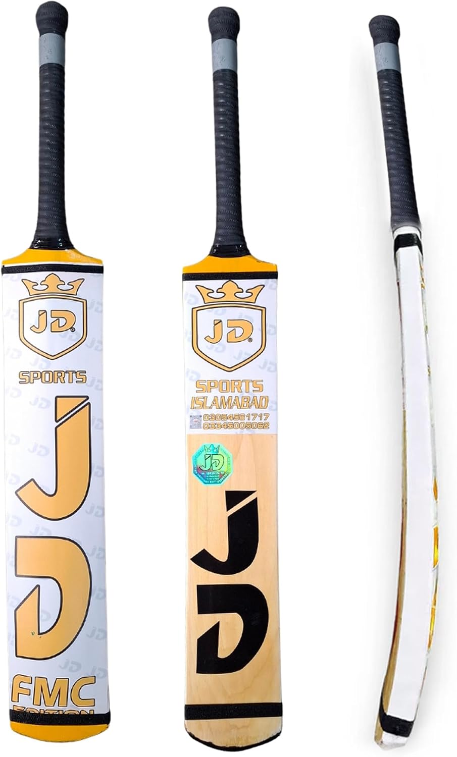 JD FMC Cricket Bat Hand Made Coconut Wood Tennis Tape Ball Full Size Adult Full Cane Long Handle Full Size 4.5"