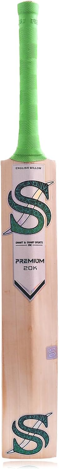 Smart & Sharp Premium 20K Cricket Bat, English Willow, Full Size, Green Handle with Cover
