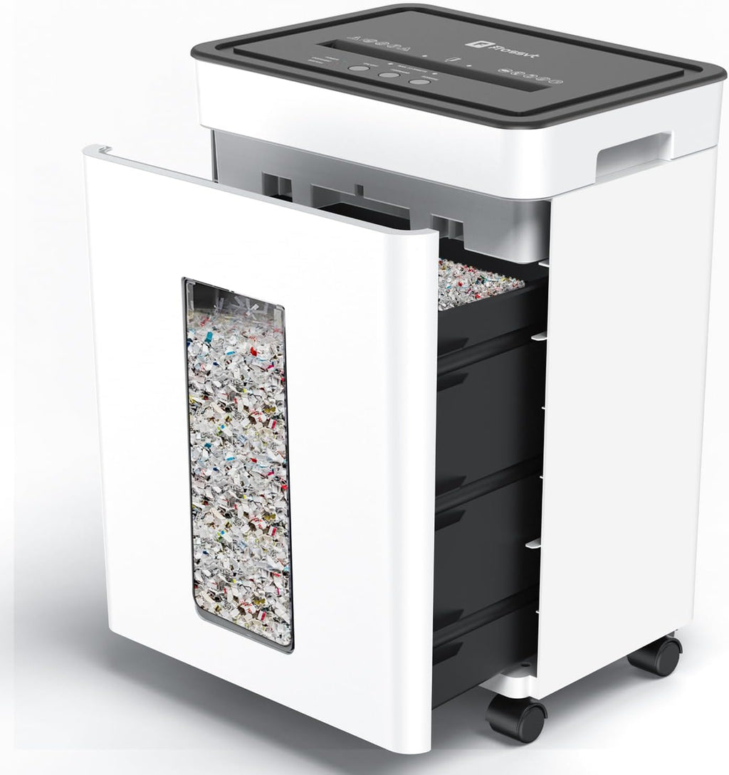 Frossvt Heavy Duty Paper Shredder Micro-Cut High Security Level P-4/12 Sheets 10-Minutes Running Time/AUTO Reverse/ 5.3-Gallon Pull Out Bin, Anti-Jam & Quiet Shredder for Office Home (White)