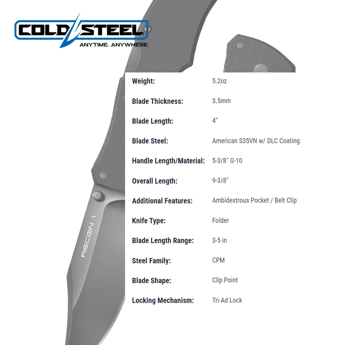 COLD STEEL Recon 1 4" S35VN Razor-Sharp Blade 5.375" G-10 Handle Tactical Folding Knife w/Tri-Ad Lock, Ambidextrous Pocket/Belt Clip