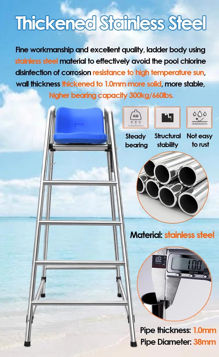 High Stainless Steel Lifeguard Chair for Pools Patio Lake Beach, Tennis Volleyball Referee Chair Stand, Outdoor Extra Tall Life Guard Deck Chairs/Bar Stool w/Comfortable Seat(120cm/47.2in/3.9ft high)