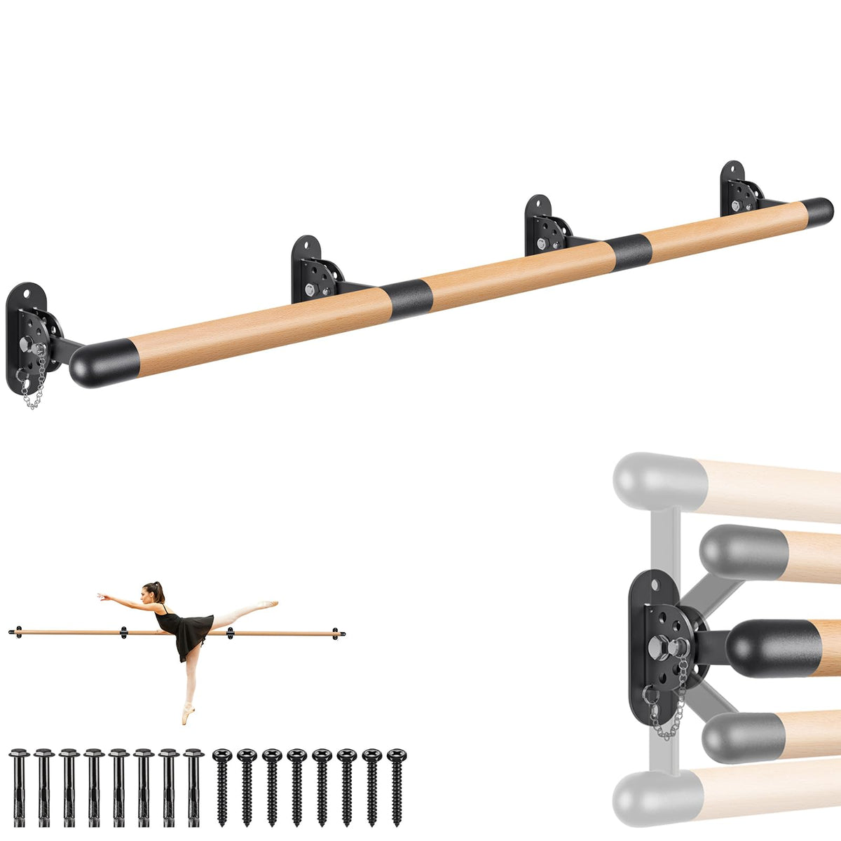 Dolibest Space Saver, Ballet Barre, Wall Mounted Traditional Wood Ballet Barre System Stretch/Dance for Home Barre Workout Equipment, Height Adjustable, for Kids and Adults