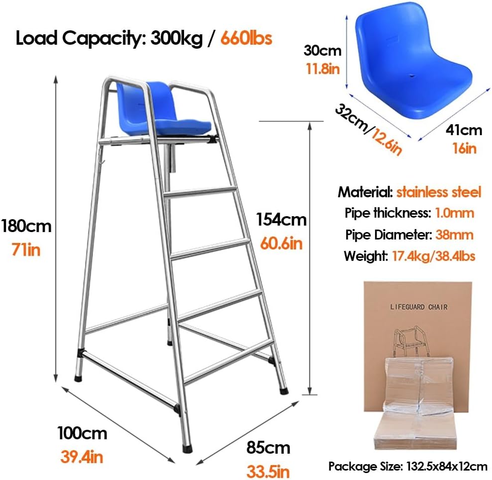 Tennis Volleyball Referee Chair Stand, 120 150 180 cm High Stainless Steel Lifeguard Chair for Pools Patio Lake Beach, Outdoor Extra Tall Life Guard Deck Chairs/Bar Stool w/Comfortable Seat(180cm/71in