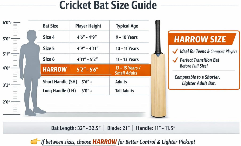 Kashmir Willow Cricket Bat, Grade 1 Premium Wood, Adult and Youth Size, Harrow Size with Natural Wood Finish (Players preferring Size 6 and Harrow)