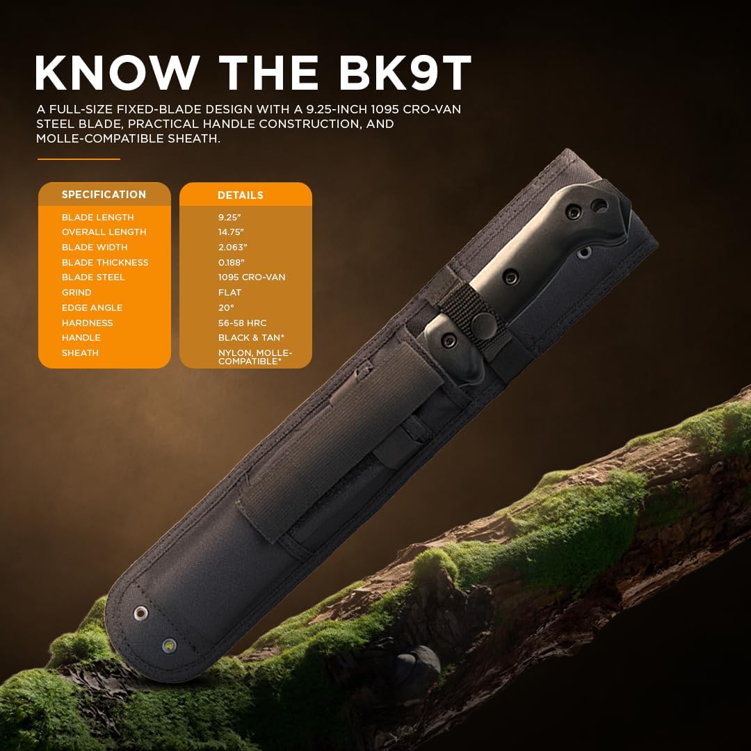 KA-BAR Becker BK9T Tactical Combat Bowie Knife â 9.25" 1095 Cro-Van Steel Blade, Black & Tan Grip, MOLLE-Compatible Nylon Sheath