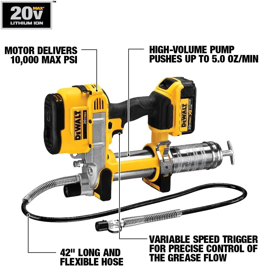 DEWALT Grease Gun 20V MAX, Cordless Electric Grease Gun 42â Hose, 10,000 PSI, Variable Speed Triggers, Tool Only (DCGG571B)