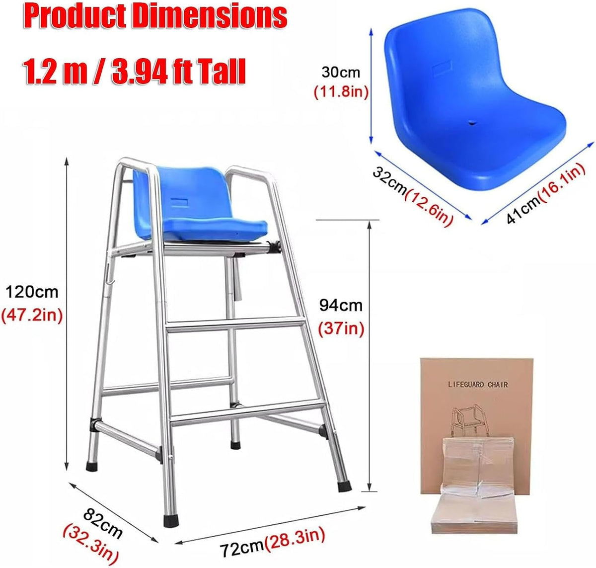 47/59/71 in Tall Stainless Steel Lifeguard Chair Loads 660 LBS, Referee Chair Stand, Outdoor Life Guard Chairs with Umbrella Holder for Deck Pool Bar Beach(120cm/3.94ft Tall)