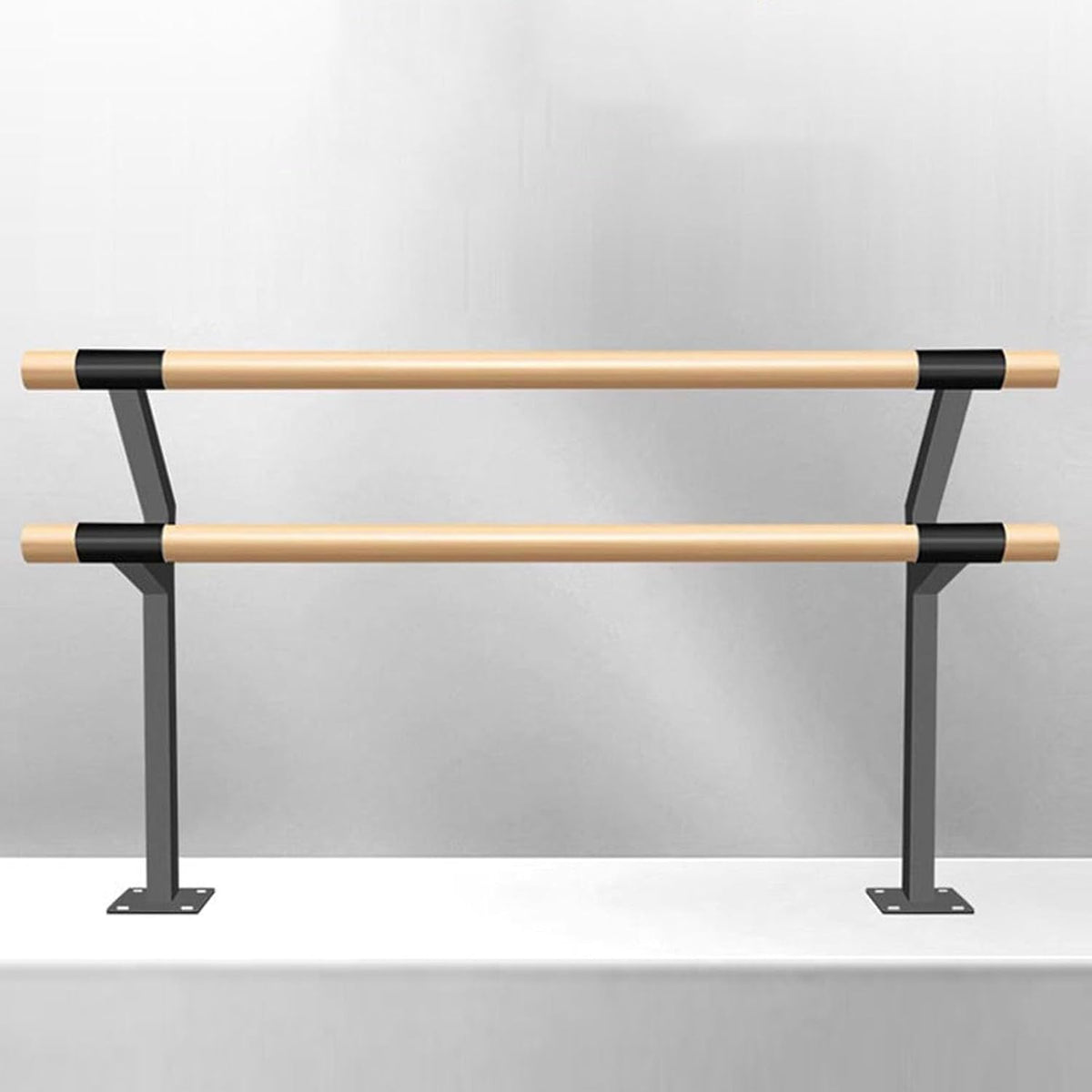 Double Floor Mounted Ballet Barre, Solid Wood Dance Bar with Manganese Steel Core, Heavy Duty Stretching Barre for Home Studio, Ballet Pilates Fitness Training for Kids and Adults
