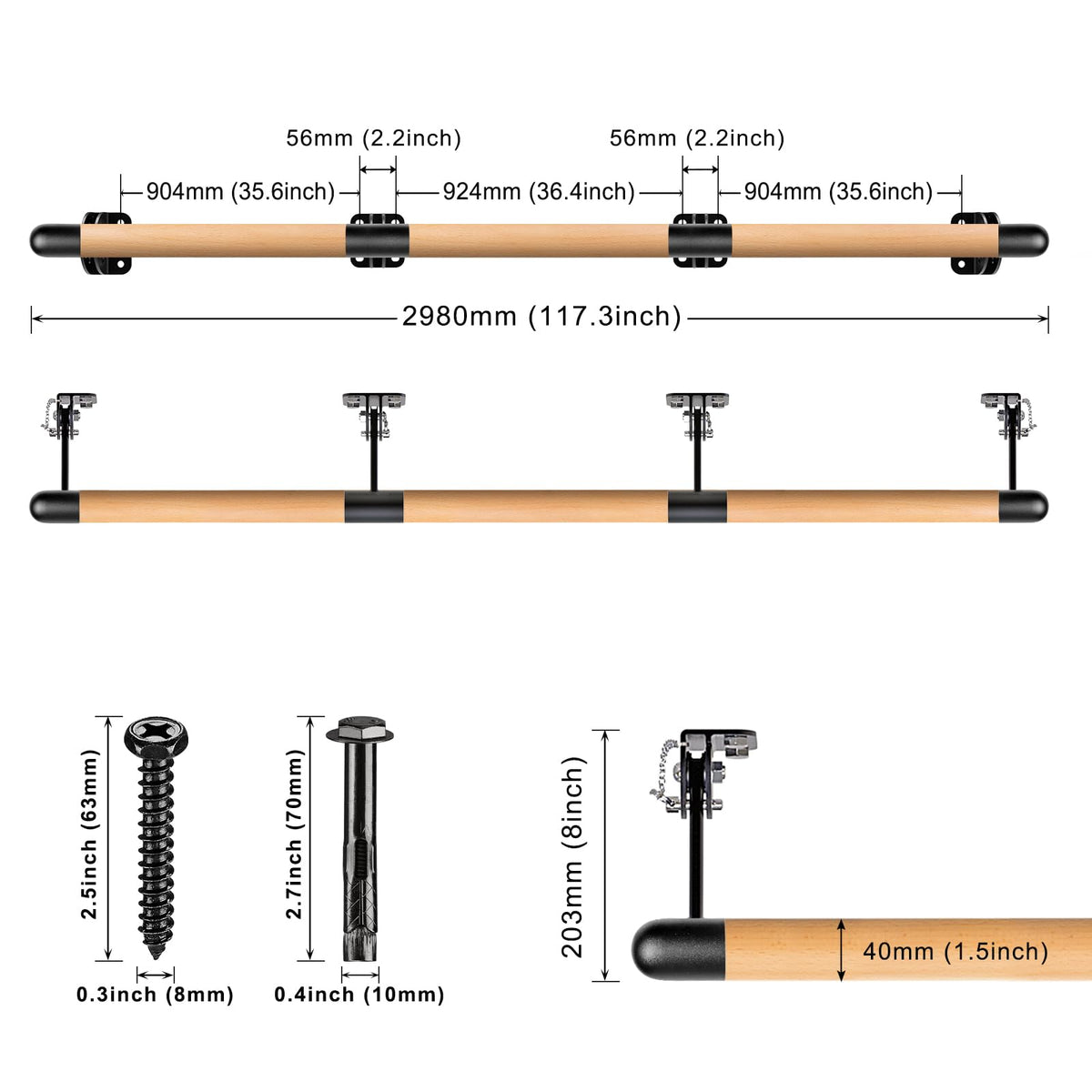 Kipika Wall Mounted Traditional Solid Wood Ballet Barre, Freestanding Ballet Barre, Stretch/Dance Bar for Home Workout Dance Equipment, Durable Metal Support, Height Adjustment