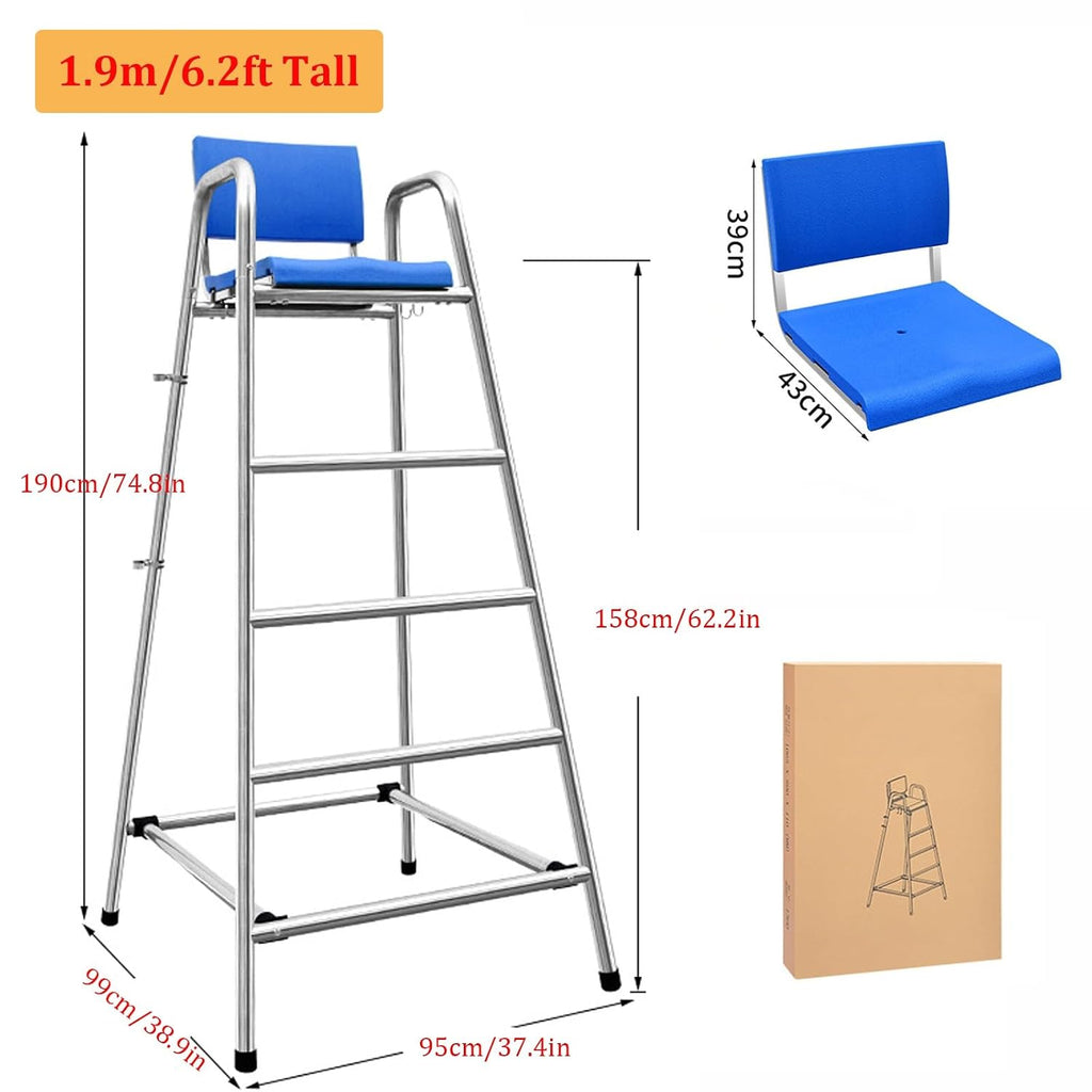 Stainless Steel Lifeguard Chair, 190cm Elevated Vantage Point Pool Chair with Parasol Socket, Lifebuoy Hooks, Lifesaving Observation Chairs for Outdoor Use