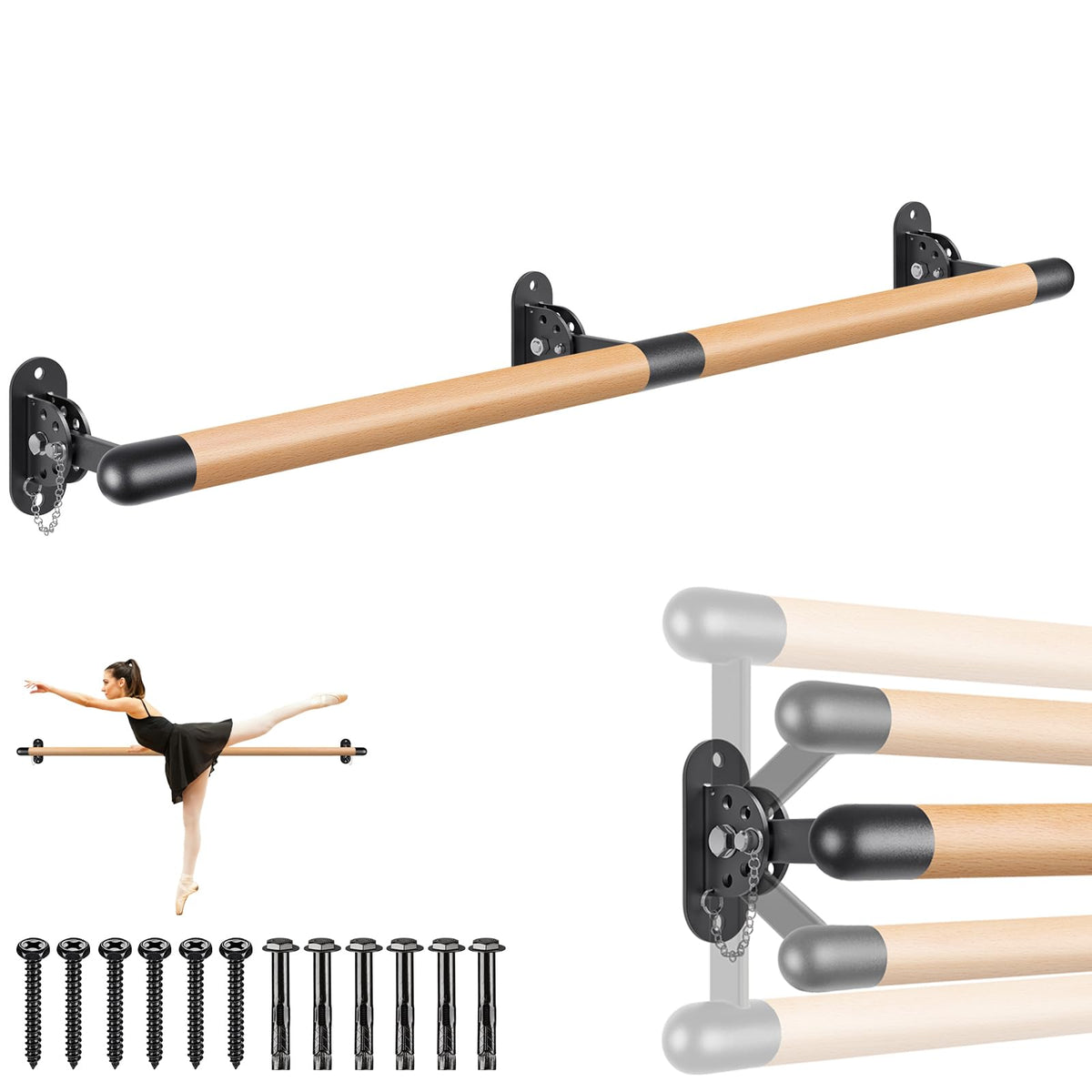 Dolibest Space Saver, Ballet Barre, Wall Mounted Traditional Wood Ballet Barre System Stretch/Dance for Home Barre Workout Equipment, Height Adjustable, for Kids and Adults