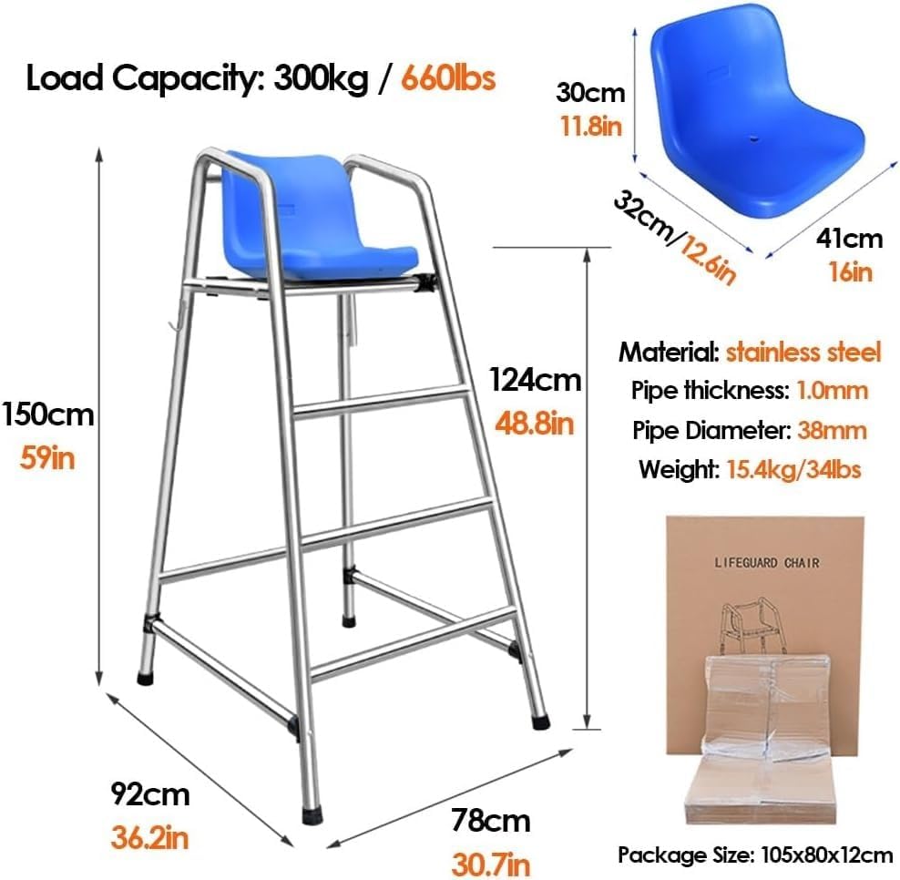High Stool Pool Ladders 120 150 180 cm High Tennis Volleyball Referee Chair Stand for Pools Patio Lake Beach, 304 Stainless Steel Lifeguard Chair w/Comfortable Seat(150cm/59in/4.9ft high)