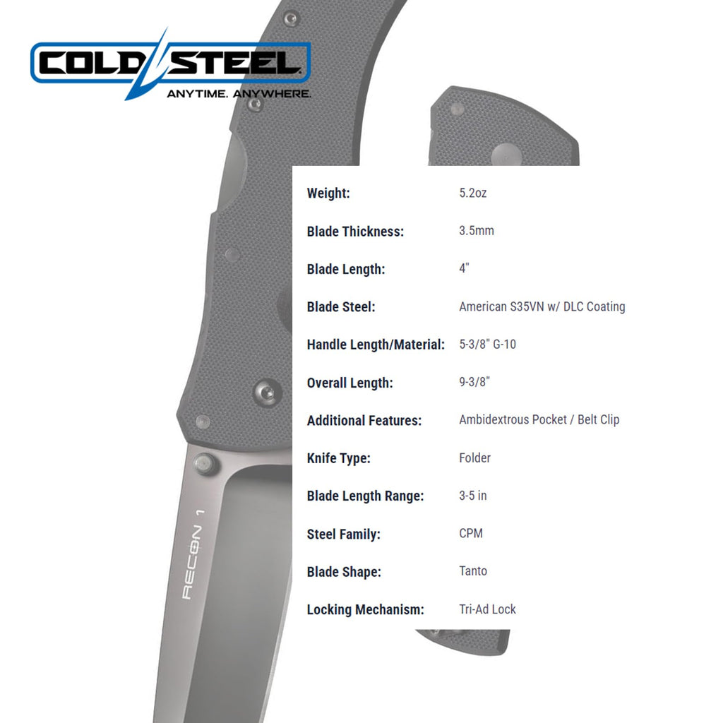 COLD STEEL Recon 1 4" S35VN Razor-Sharp Blade 5.375" G-10 Handle Tactical Folding Knife w/Tri-Ad Lock, Ambidextrous Pocket/Belt Clip