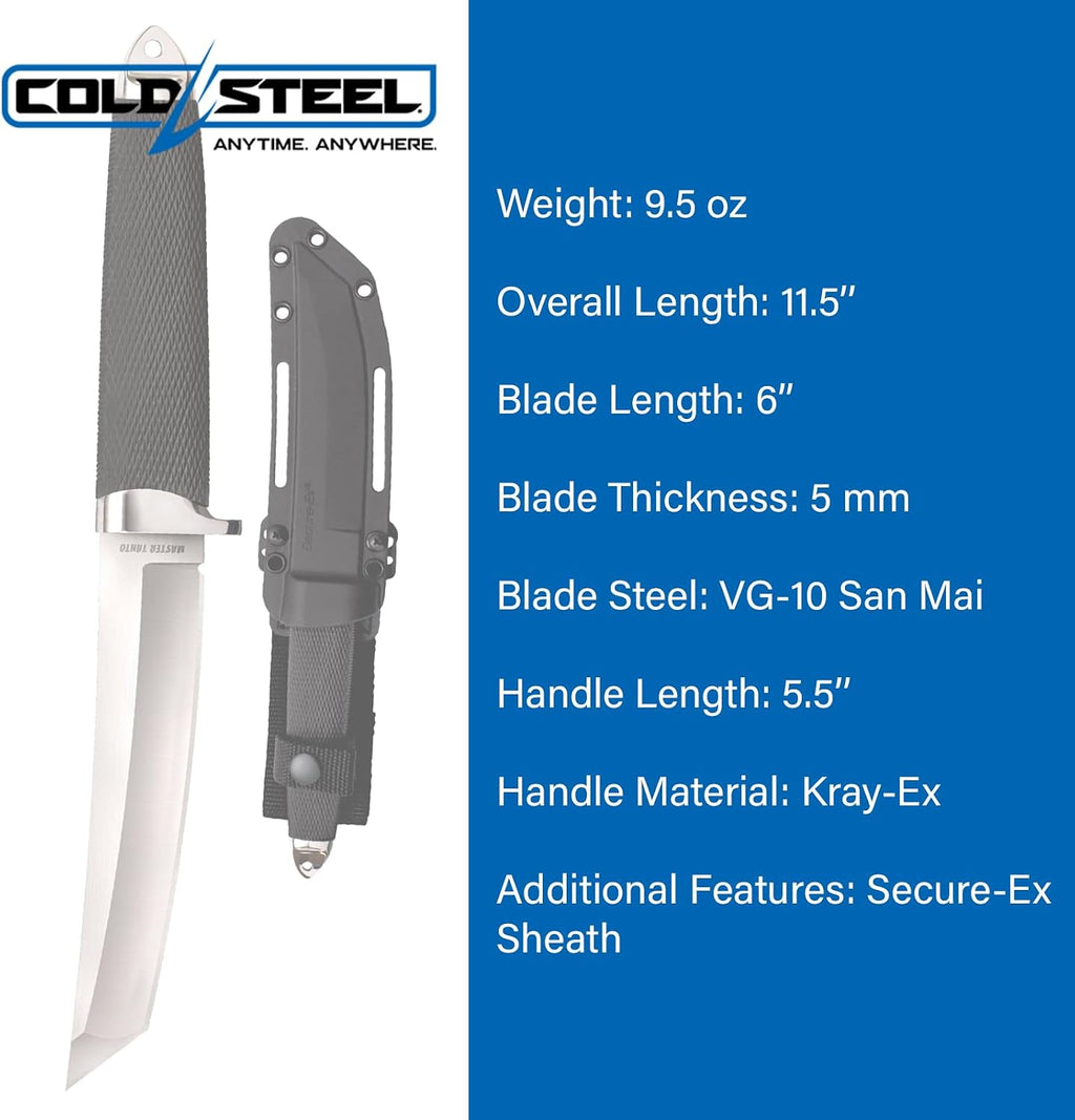 Cold Steel Master Tanto 6" VG-10 San Mai Razor-Sharp Blade 5.5" Kray-Ex Handle Military Tactical Fixed Blade Knife w/Secure-Ex Sheath