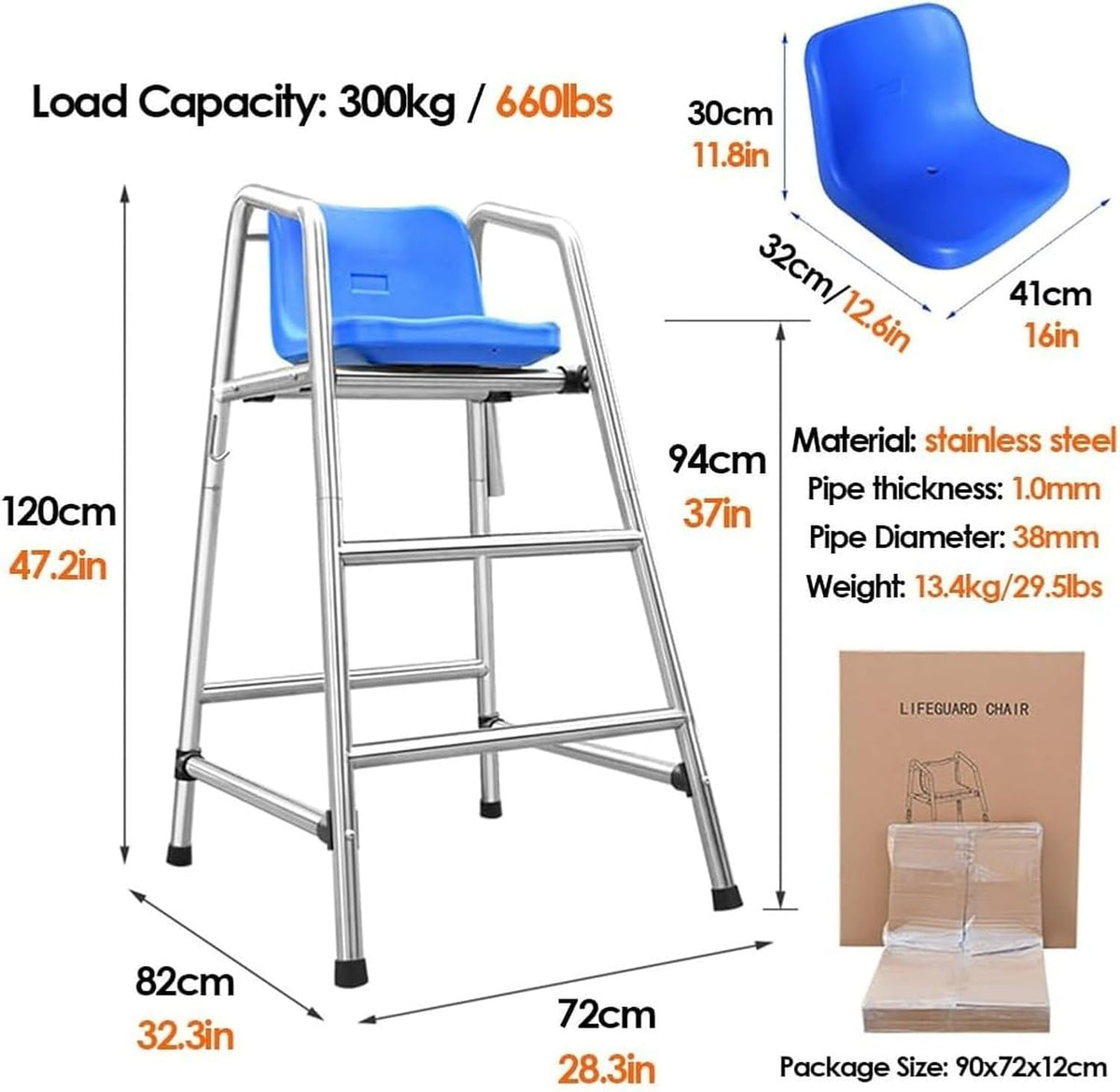 Tennis Volleyball Referee Chair Stand 120 150 180cm High Stainless Steel Lifeguard Seat for Pools Patio Lake Beach Outdoor Extra Tall Guard Deck Chair Comfortab, Blue, 120cm/47.2in/3.9ft high
