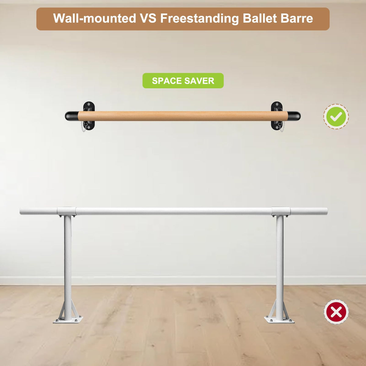 Dolibest Space Saver, Ballet Barre, Wall Mounted Traditional Wood Ballet Barre System Stretch/Dance for Home Barre Workout Equipment, Height Adjustable, for Kids and Adults