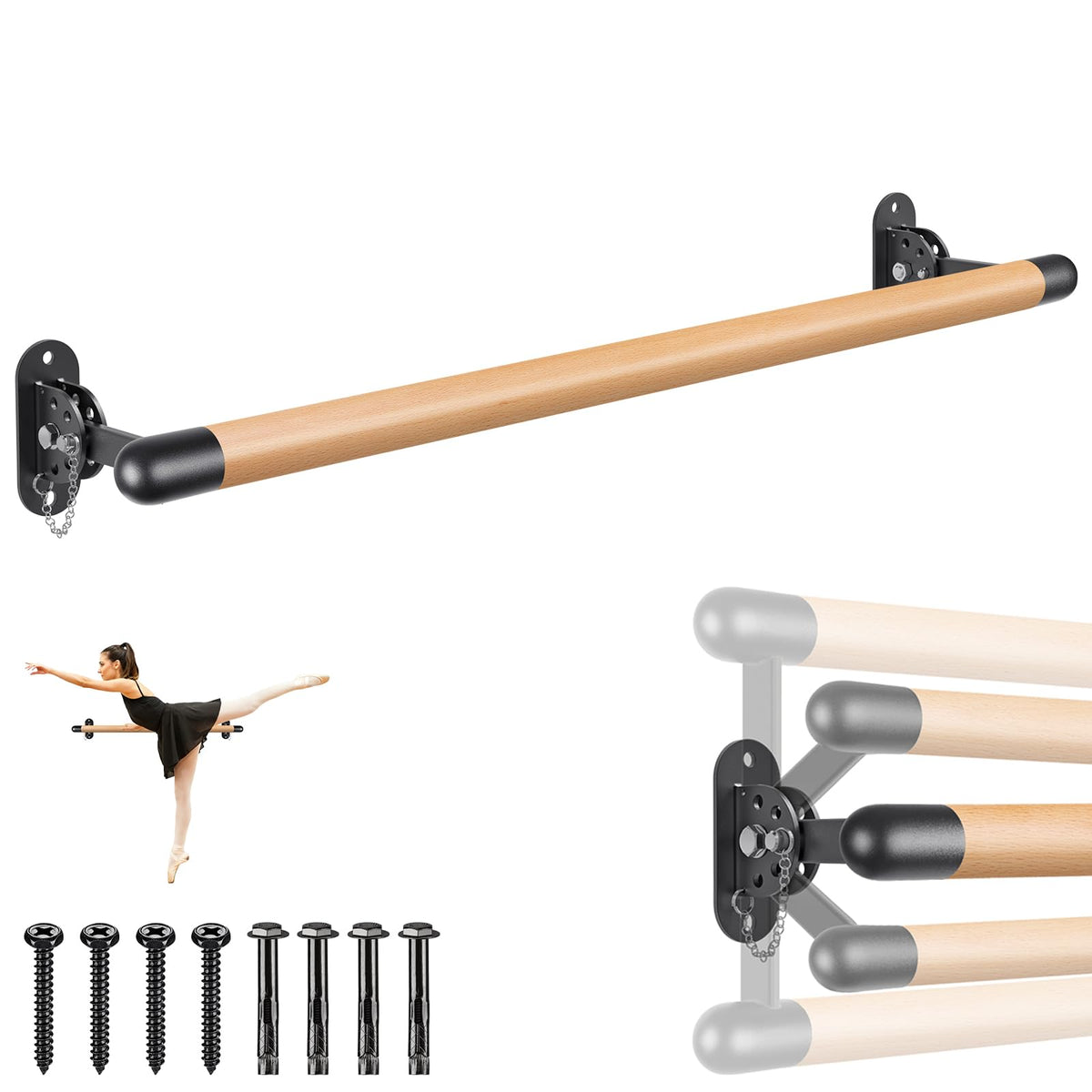 Dolibest Space Saver, Ballet Barre, Wall Mounted Traditional Wood Ballet Barre System Stretch/Dance for Home Barre Workout Equipment, Height Adjustable, for Kids and Adults