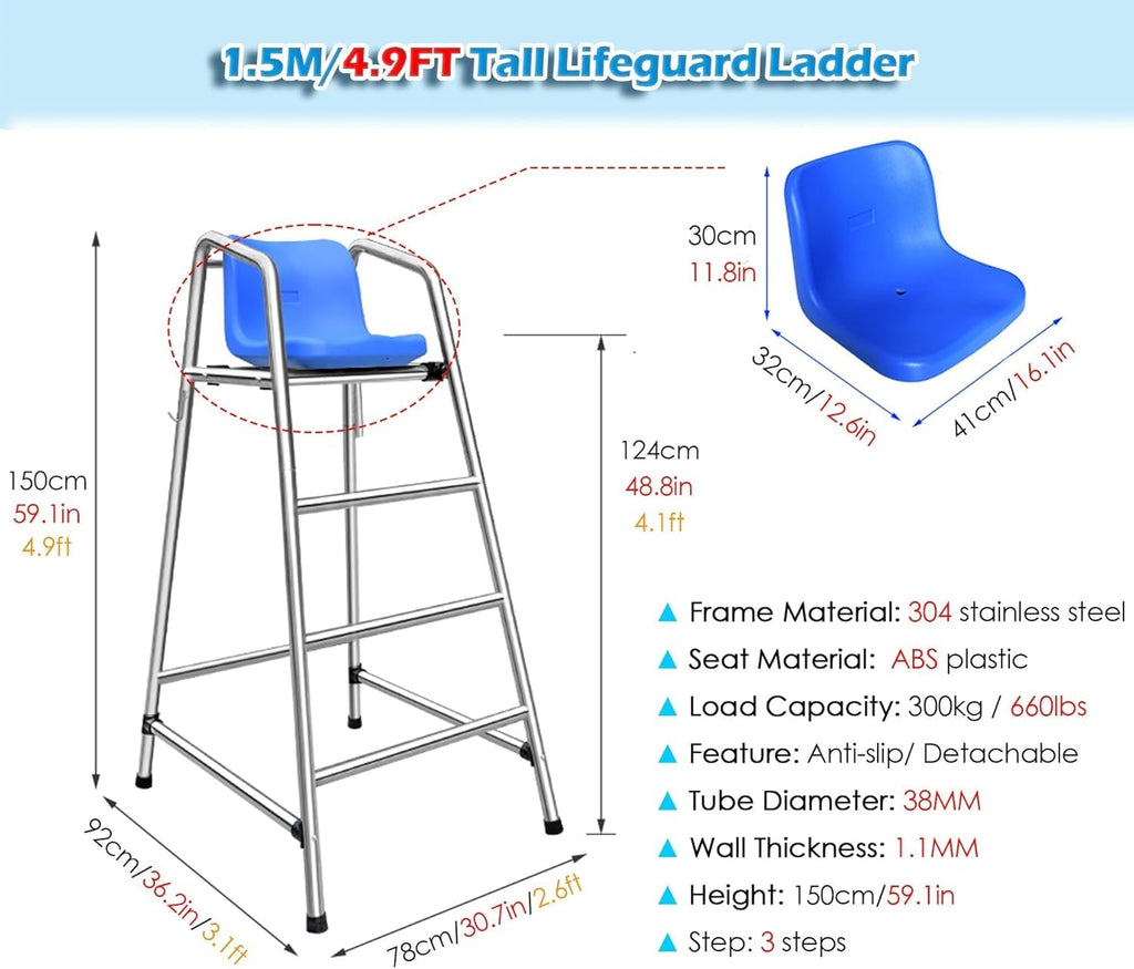 Adults/Kids Life Guard Chairs - 304 Stainless Steel for Beach/Water Park/Lake Outdoor, Swimming Pool Deck Lifeguard Chairs(72x82x120cm/28.3x32.3x47.2inch)