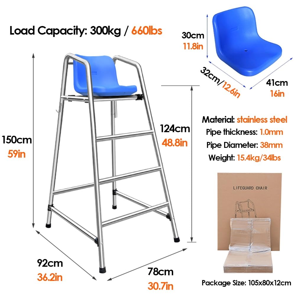 Tennis Volleyball Referee Chair Stand, 120 150 180 cm High Stainless Steel Lifeguard Chair for Pools Patio Lake Beach, Outdoor Extra Tall Life Guard Deck Chairs/Bar Stool w/Comfortable Seat(180cm/71in