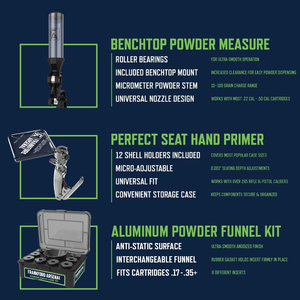 Frankford Arsenal Essentials Reloading Kit with Adjustable Seating System, F-1 Single Stage Press, Digital Calipers, Compatible with Standard Dies, for Seating, Resizing, Depriming, and Reloading
