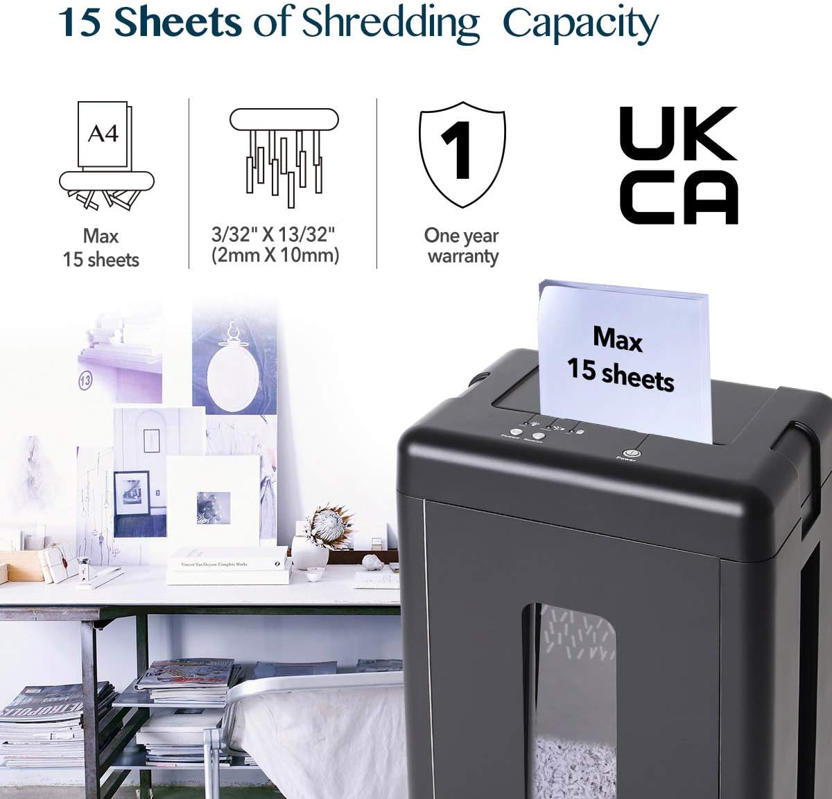WOLVERINE SD9520 P5 Super Micro Cut Shredder, 15-Sheet, 2x10mm, 8Gal, Black