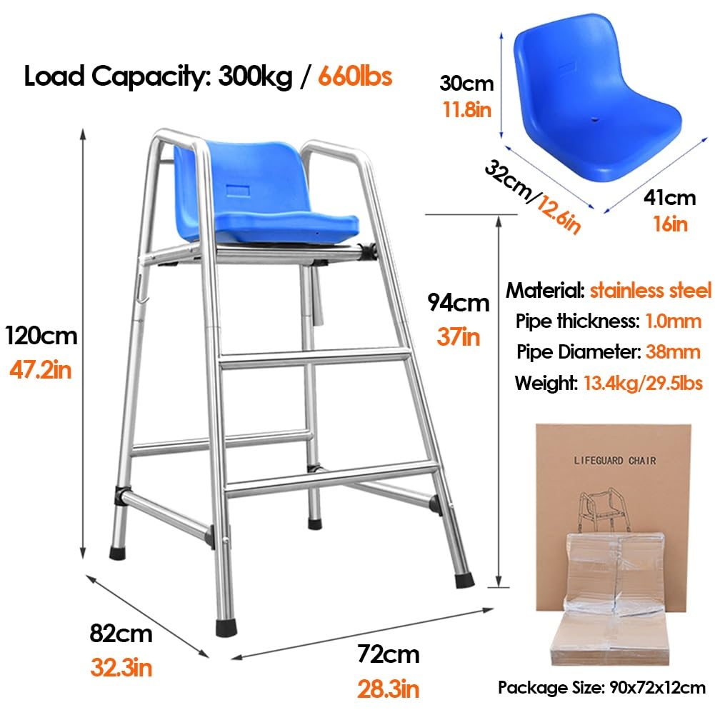 Tennis Volleyball Referee Chair Stand, 120 150 180 cm High Stainless Steel Lifeguard Chair for Pools Patio Lake Beach, Outdoor Extra Tall Life Guard Deck Chairs/Bar Stool w/Comfortable Seat(180cm/71in