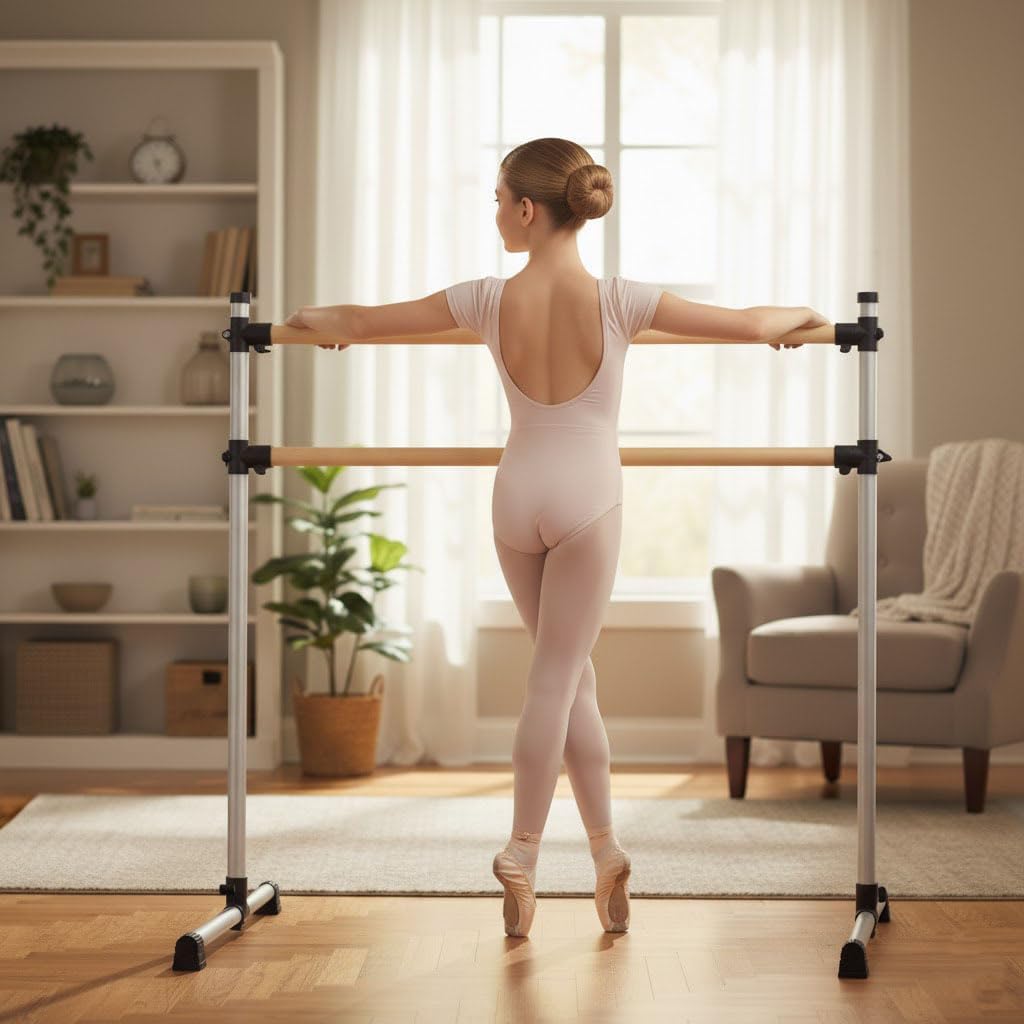 UMEKEN Wood/Aluminum/Steel Ballet Barre 4 Foot Portable Barre Bar Home Adjustable Freestanding Ballet Stretch Dance Bar for Kids Adult with Carry Bag
