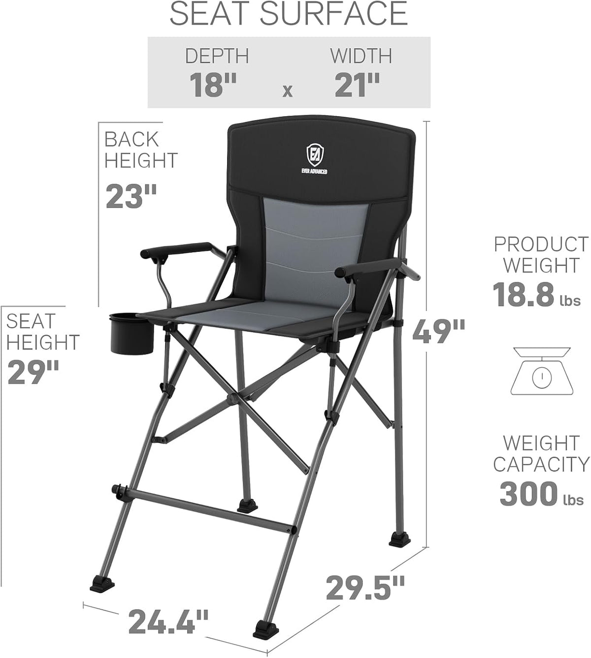 EVER ADVANCED Tall Director Chair 31" Foldable Camping with Carry Bag Black