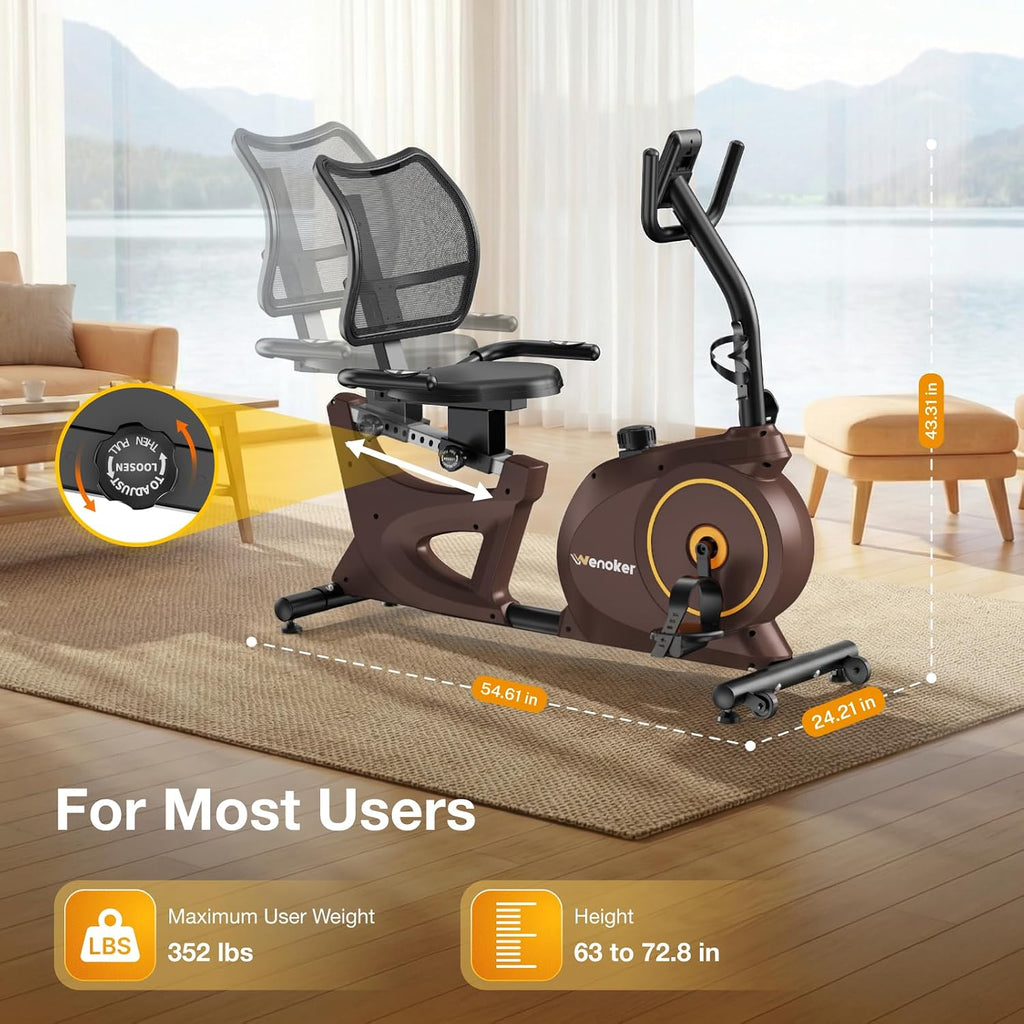 Wenoker Recumbent Exercise Bike for Home, Quiet Magnetic Stationary Bike with Bluetooth APP Connectivity, 15-Level Magnetic Resistance, Adjustable Seat, LCD Monitor, Indoor Cycling Bike, 350 LB Capacity
