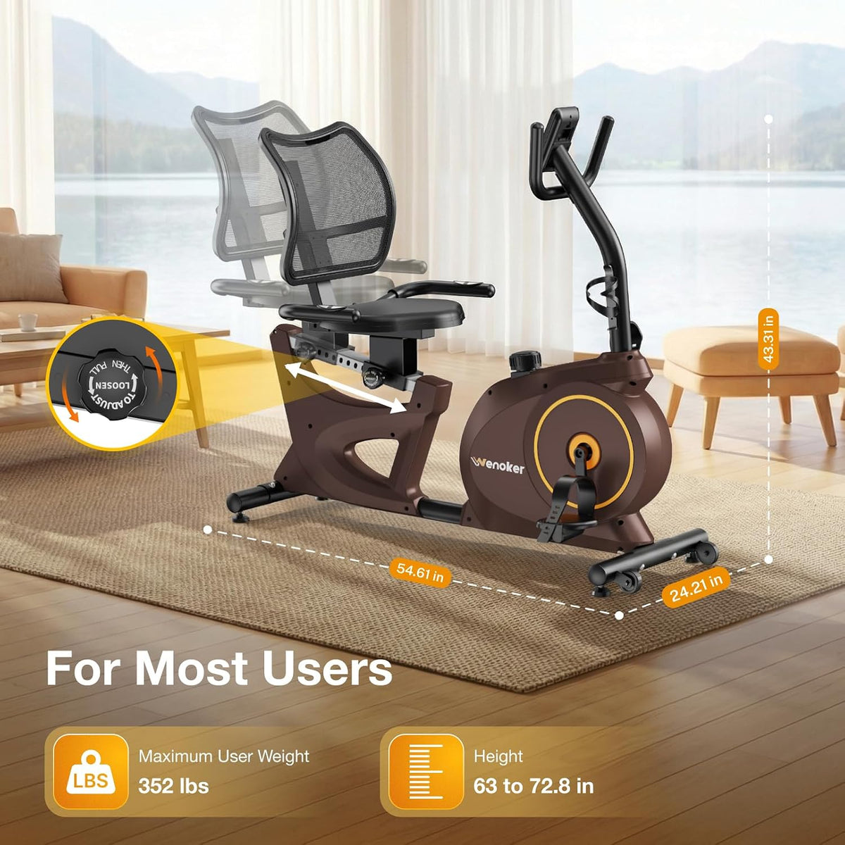 Wenoker Recumbent Exercise Bike for Home, Quiet Magnetic Stationary Bike with Bluetooth APP Connectivity, 15-Level Magnetic Resistance, Adjustable Seat, LCD Monitor, Indoor Cycling Bike, 350 LB Capacity