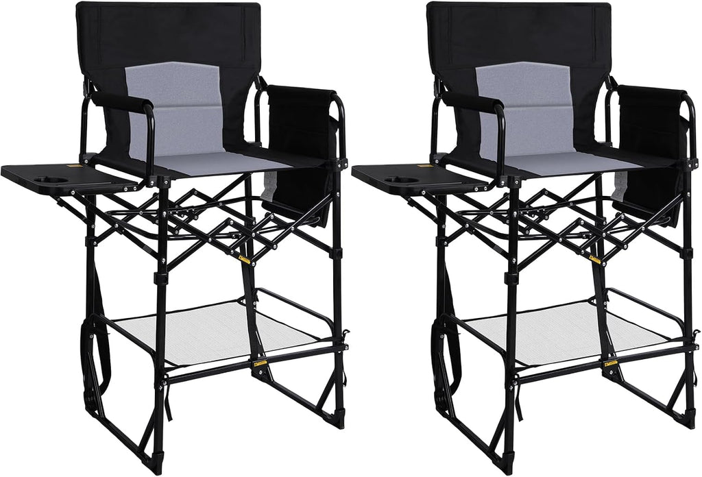 2 Pack Tall Directors Chair 30.7" Seat Height, Heavy Duty Folding Makeup Artist Chair with Side Table, Cup Holder & Storage Pocket, Portable High Camping Bar Stool Supports 400lbs, Black/Grey